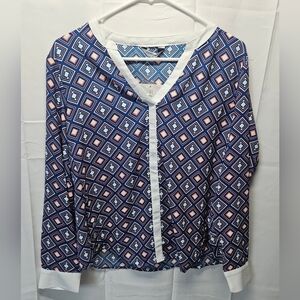 Contempo NWT Geometric Retro Blue & Orange Patterned Blouse SZ